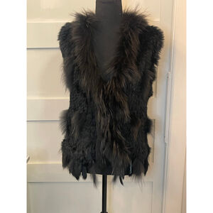 Tourance Genuine Rabbit Fur Vest w/ Long Hair Fur Trim Black Size M